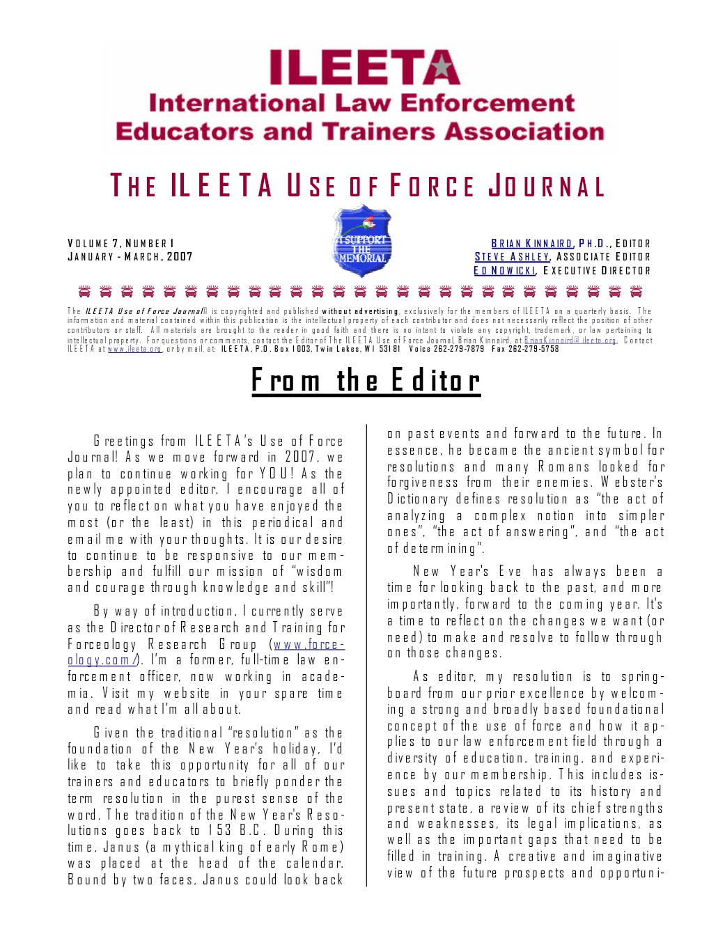 Cover of The ILEETA Use of Force Journal, Volume 7, Number 1, January-March 2007